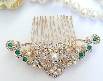 Gold wedding hair comb with green crystals bridal hairpiece Pearl hair clip gold green wedding hair clip  Art deco bride comb Emerald green