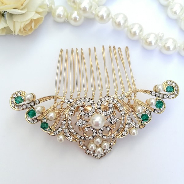 Gold wedding hair comb with green crystals bridal hairpiece Pearl hair clip gold green wedding hair clip  Art deco bride comb Emerald green