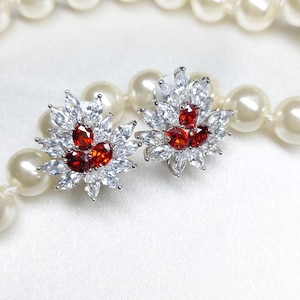 May include: A pair of silver earrings with a cluster of clear and red gemstones in a flower shape.