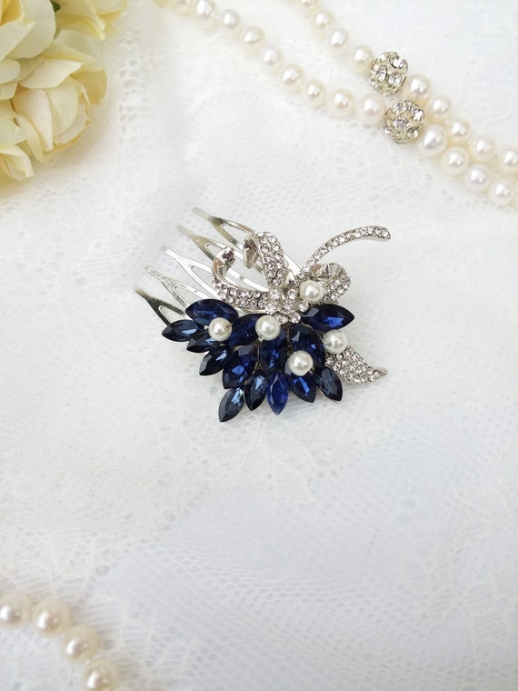 Blue flower hair comb, flower hair comb, blue pearl wedding hair piece, blue pearl bridal pin, sparkly hair pin, flower hair pin, OOAK
