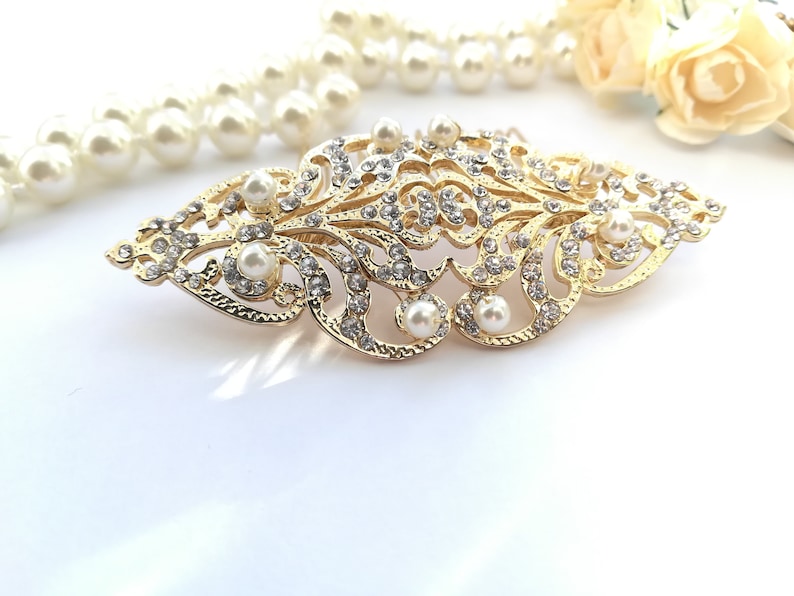 Vintage style Gold hair comb with pearls Bridal Period headpiece Edwardian Victorian wedding hair pin Steampunk Intricate gold hair clip image 4