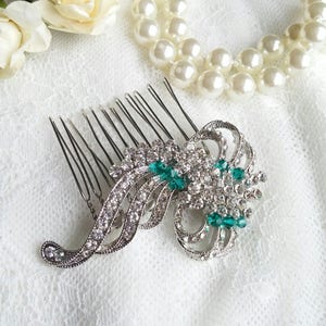 Silver emerald Hair Comb Green crystal headpiece, bridesmaid hair pin,  bridal emerald comb, green hair comb Art Deco emerald hair comb 23