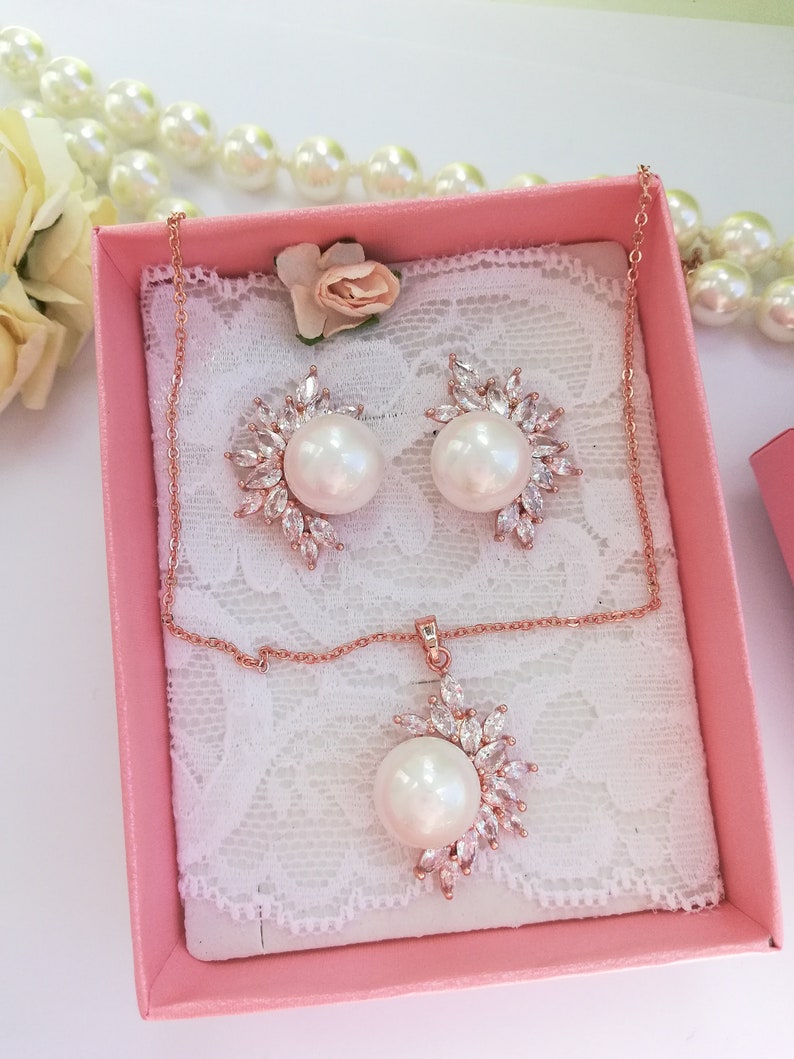 Rose gold pearl bridal set pearl wedding jewelry zirconia wedding set rose gold wedding jewelry rose zircon jewellery bridal jewellery