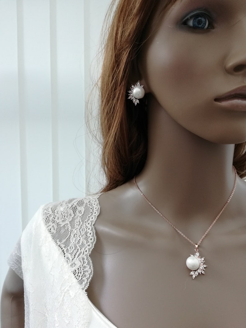 Rose gold pearl bridal set pearl wedding jewelry zirconia wedding set rose gold wedding jewelry rose zircon jewellery bridal jewellery
