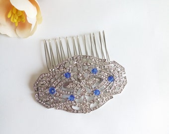 Silver blue crystal Hair Comb Wedding Vintage sapphire hair clip Bridesmaids hair clip Small bridal comb Art Deco 20's 30's SALE 51