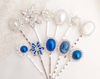 Mix and match hair pins white blue pearl flowers and cameo, mixed hair grips, pick your own hair slide