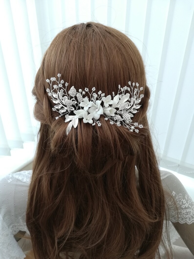 wedding Hair comb white flowers headpiece Pearl bridal comb 13 Silver hair piece with white flowers crystal pearls Hair Comb