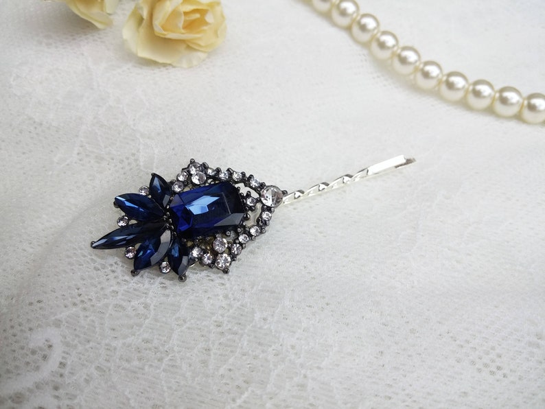 Sapphire blue hair pin Jewel hair pin Dark blue wedding hair piece blue bridal hair grip Smoky blue hair pin something blue for bride image 1