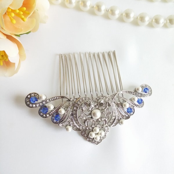 Silver blue hair comb sapphire bridal hairpiece Dainty hair comb Flapper hair silver blue wedding hair clip Art deco bride clip 1920 hair 22