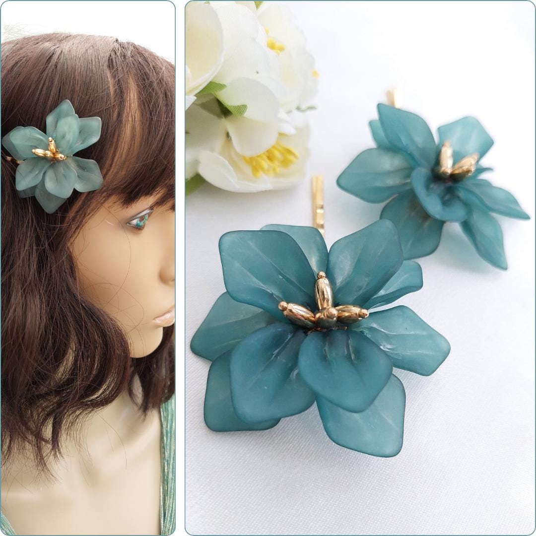 Turquoise Seafoam Flower Hair Clip Frosted Glass Petal Hair  display picture 1