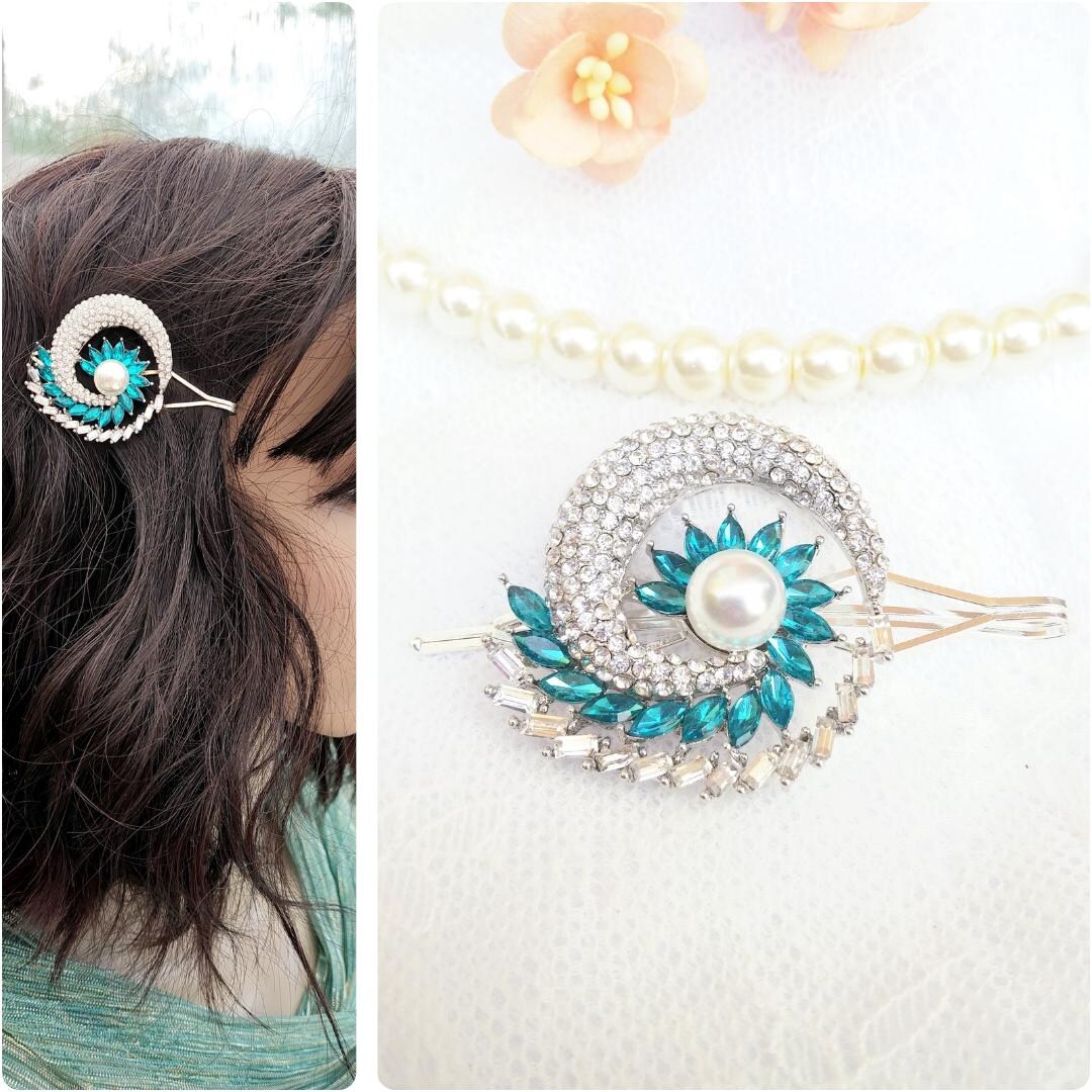 Broche Vintage Hibou Tissé Fil Or Et Strass Turquoise - Années 60-70 - États-Unis