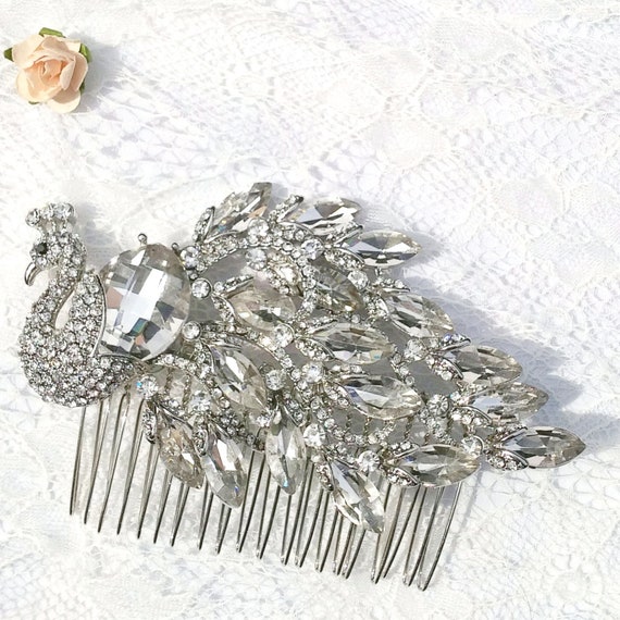 Big Bridal wedding hair comb crystal bling bride Silver Floral Crystal and Rhinestone Bridal Comb • Wedding  main image 4
