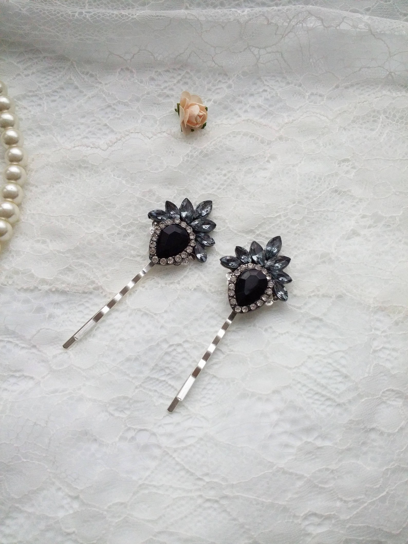 Black Hair Pins Jewel Hair Pins Black Wedding Hair Piece Etsy