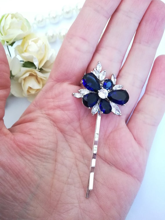 Swarovski Crystal Flower Hair Pin Something Blue for Bride