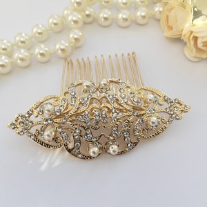 Vintage style Gold hair comb with pearls Bridal Period headpiece Edwardian Victorian wedding hair pin Steampunk Intricate gold hair clip image 1