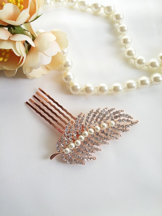 Rose Gold Feather Hair Pin With Pearls Rose Gold Pearl 