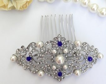 Silver crystal pearls Hair Comb Something blue for Bride Edwardian Hair comb vintage headpiece Downton Abbey wedding Pearl bridal clip