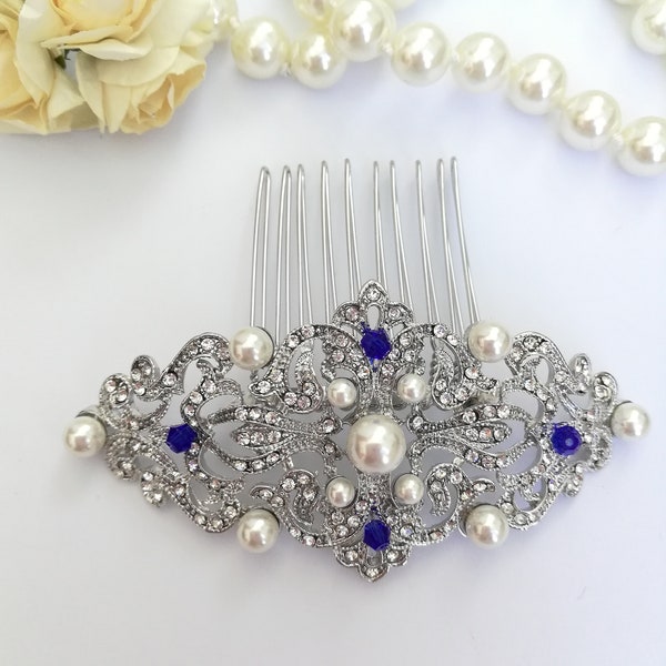 Silver crystal pearls Hair Comb Something blue for Bride Edwardian Hair comb vintage headpiece Downton Abbey wedding Pearl bridal clip