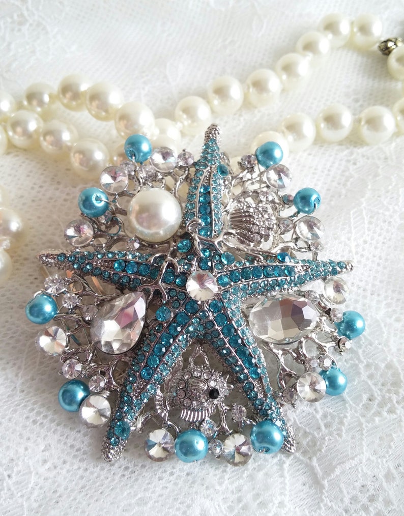 Turquoise Starfish hair comb Turquoise Rhinestone hair piece Beach starfish wedding comb Mermaid hair clip Aqua wedding headpiece SALE 52