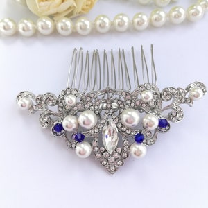 Bridal Hair Comb with pearls and blue beads Something blue for Bride Pearl bride hair clip Evening Star hair Blue wedding, hair piece