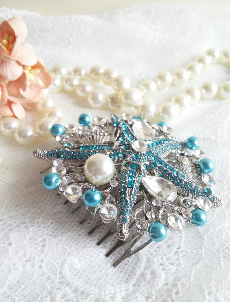 Turquoise Starfish hair comb Turquoise Rhinestone hair piece Beach starfish wedding comb Mermaid hair clip Aqua wedding headpiece SALE 52