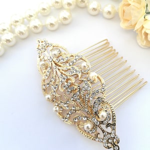 Vintage style Gold hair comb with pearls Bridal Period headpiece Edwardian Victorian wedding hair pin Steampunk Intricate gold hair clip image 3