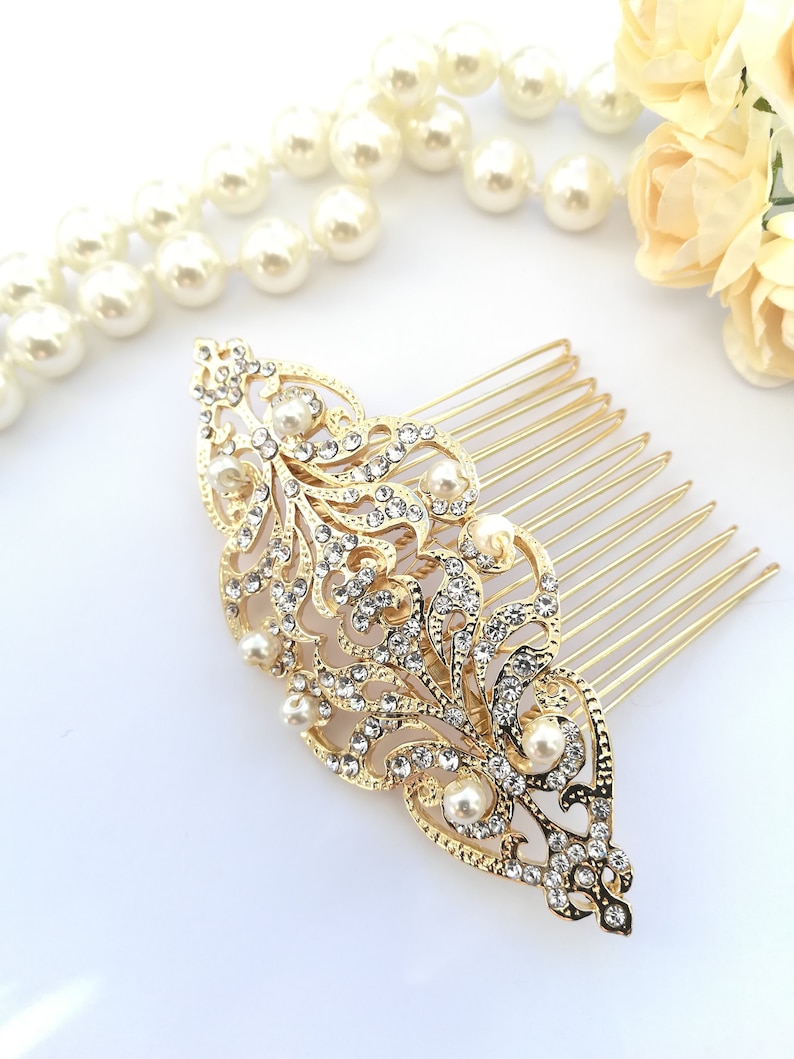 Vintage style Gold hair comb with pearls Bridal Period headpiece Edwardian Victorian wedding hair pin Steampunk Intricate gold hair clip image 3