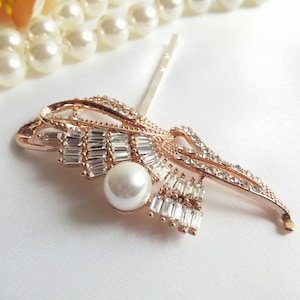 Pearl rose gold Hair pin Pearl blush hair Clip, Art Deco hair pin , rose pink wedding hair clip, rose gold pearl bridal hair grip rhinestone