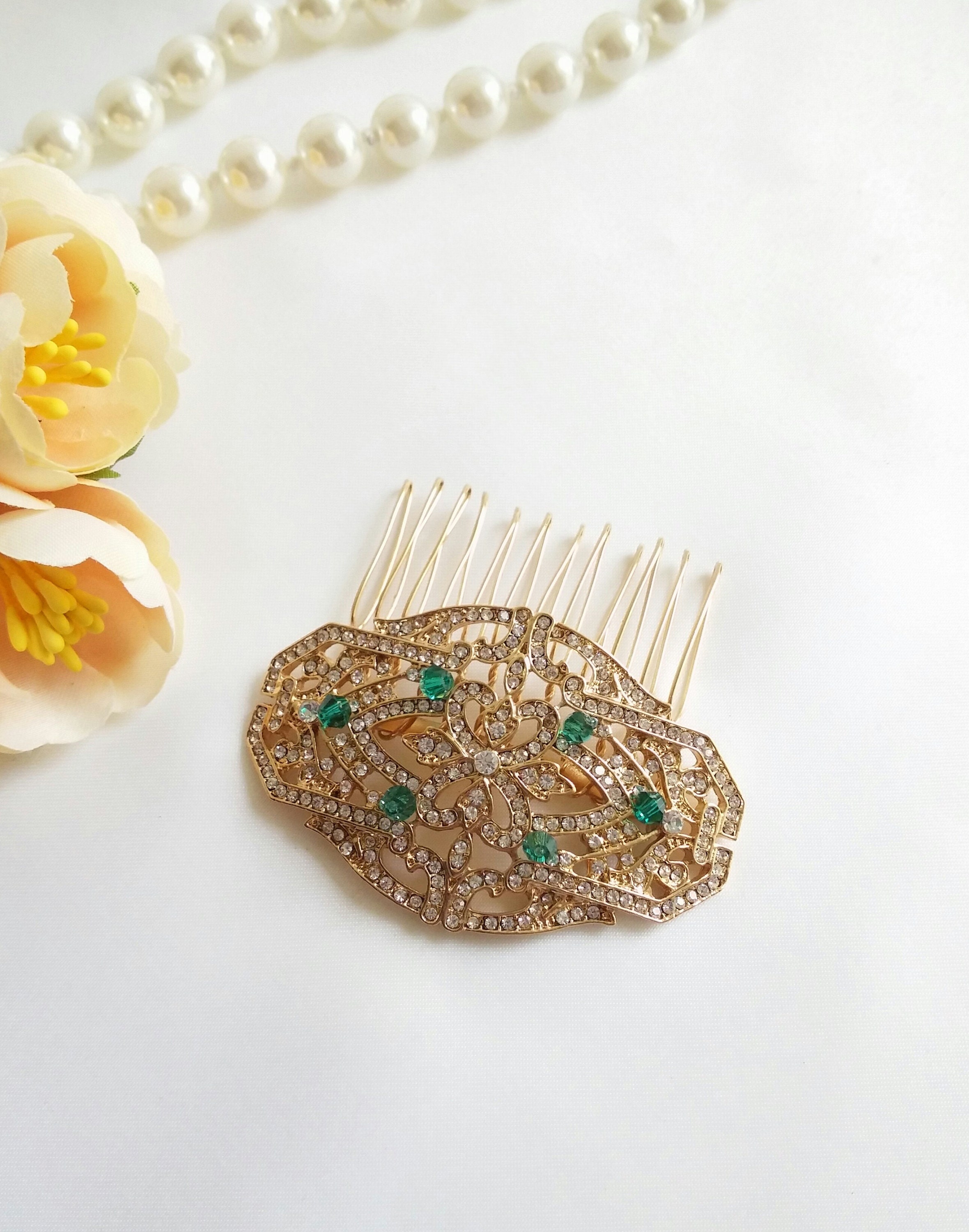 Gold crystal green Hair Comb Small Gold hair clip Gold green | Etsy