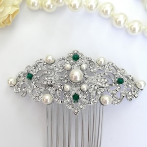 Silber smaragdgrün Kristall Perlen Haarkamm Edwardian Haarkamm Vintage Kopfschmuck Downton Abtei Hochzeit Smaragd grüne Braut Haarspange