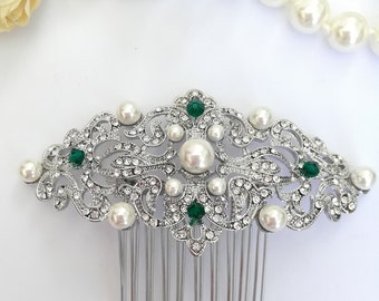 Silver emerald green crystal pearls Hair Comb Edwardian Hair comb vintage headpiece Downton Abbey wedding Emerald green bridal hair clip