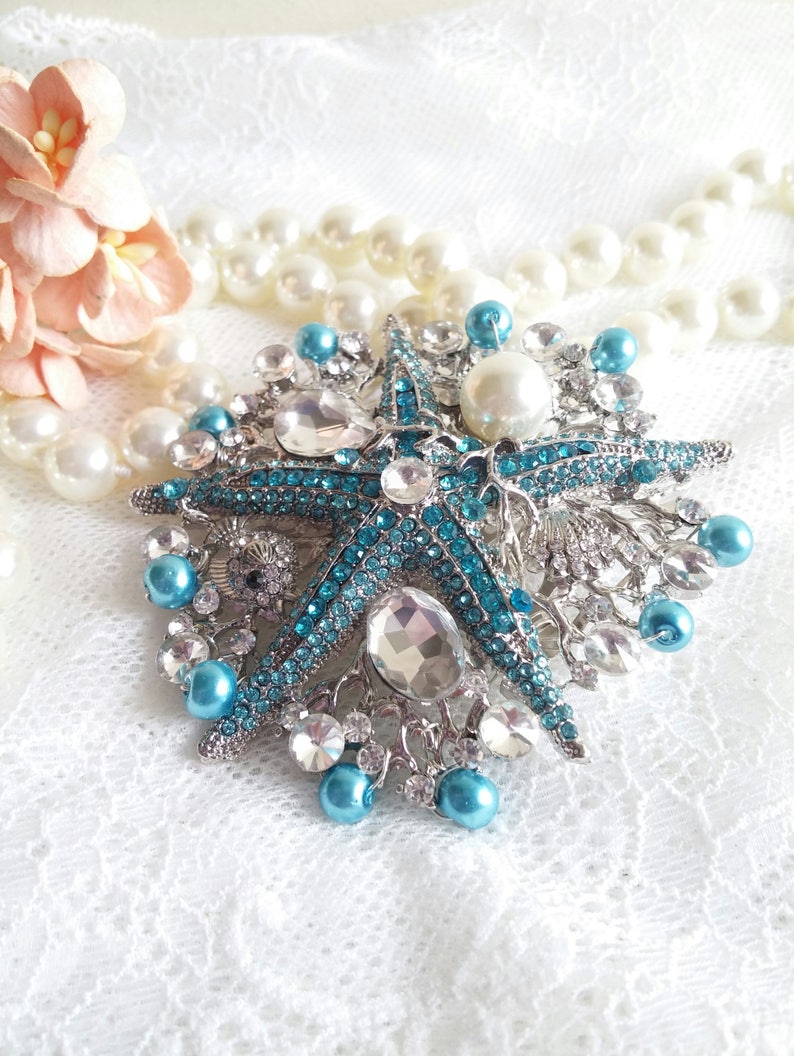 Turquoise Starfish hair comb Turquoise Rhinestone hair piece Beach starfish wedding comb Mermaid hair clip Aqua wedding headpiece SALE 52