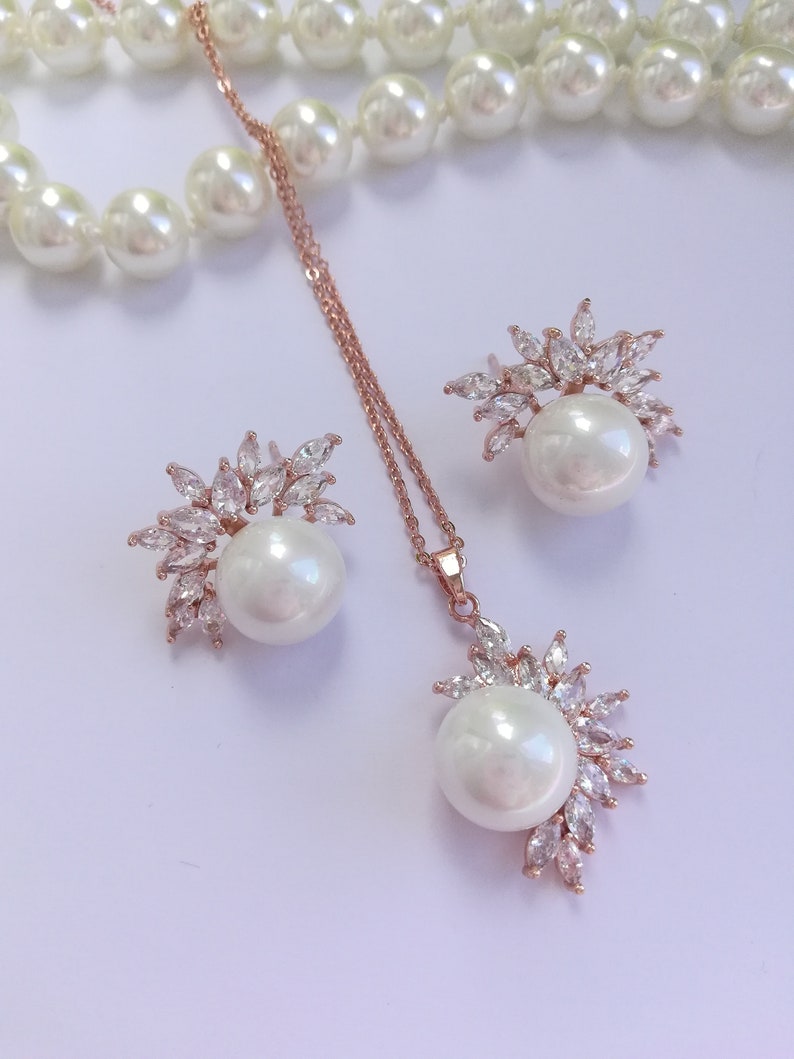 Rose gold pearl bridal set pearl wedding jewelry zirconia wedding set rose gold wedding jewelry rose zircon jewellery bridal jewellery
