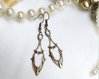 Art Deco styled long earrings, bronze drop earrings, Steampunk earrings, Victorian vintage styled earrings, Delicate dainty earrings