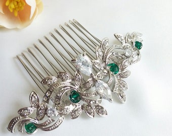 Wedding Hair Comb zircon emerald green, CZ wedding hair comb, green crystal bridal comb,  green Evening Star hair, emerald wedding