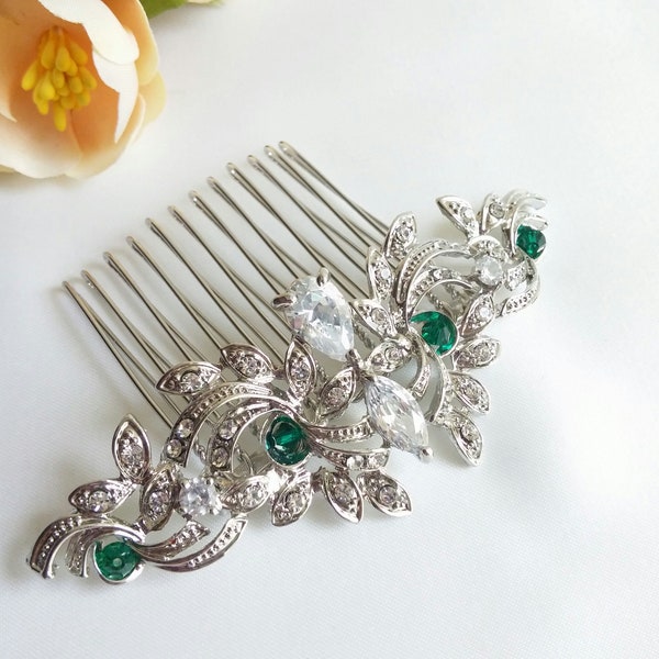 Peigne à cheveux de mariage zircon vert émeraude, peigne à cheveux de mariage CZ, peigne de mariée en cristal vert, cheveux vert étoile du soir, mariage émeraude