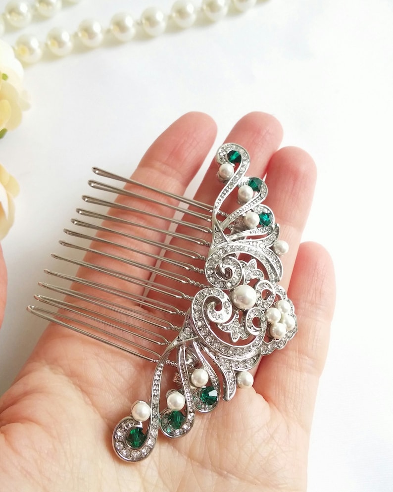 Silver Green Hair Comb Emerald Bridal Hairpiece Dainty Hair Etsy UK