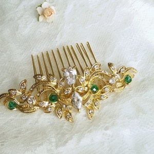 Golden wedding Hair Comb zircon emerald green, CZ wedding hair comb, green crystal bridal comb,  green Evening Star hair, emerald wedding
