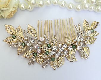 Big gold crystal flower hair piece with moss green pearls Gold hair clip semi flower wrath with  green pearls  Statement hair comb