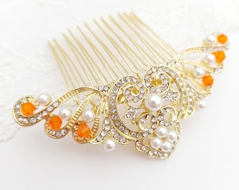 Burnt orange Gold wedding hair comb with pearls. Autumn wedding hair comb. Gold hair piece with orange details for fall wedding Bride