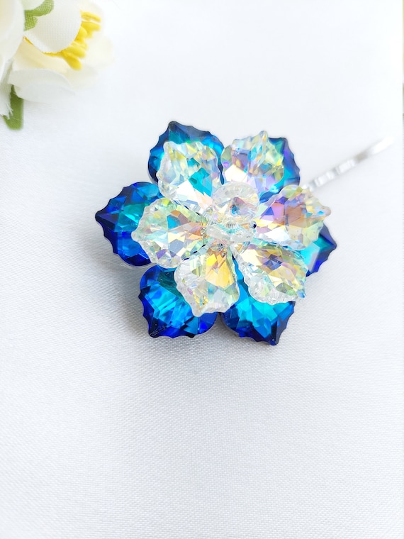 Blue Floral Swarovski Hair Pin Aurora Borealis Flower Clip 