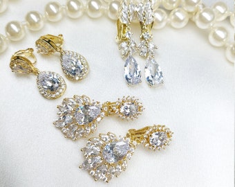 Gold clip on earrings, long dangling zirconia clips, gold shining no hole chandelier earrings Choice is yours