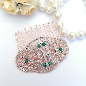 Rose Gold crystal green Hair Comb Small pink Gold hair clip Rose Gold emerald green 20&#39;s 30&#39;s Wedding Bridesmaid Art Deco head piece