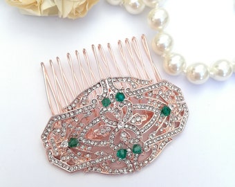 Rose Gold crystal green Hair Comb Small pink Gold hair clip Rose Gold emerald green 20's 30's Wedding Bridesmaid Art Deco head piece