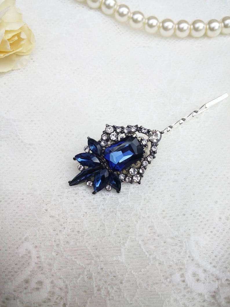 Sapphire blue hair pin Jewel hair pin Dark blue wedding hair piece blue bridal hair grip Smoky blue hair pin something blue for bride image 5