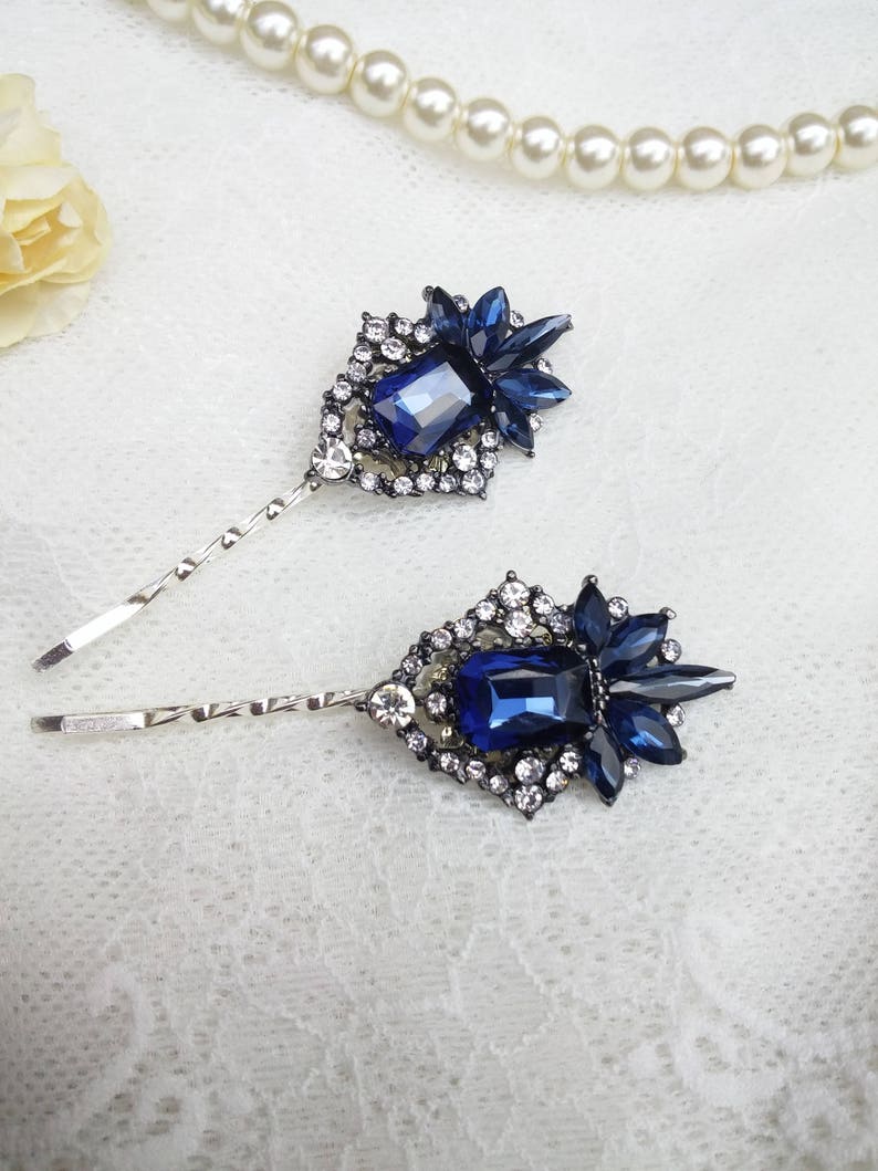 Sapphire blue hair pin Jewel hair pin Dark blue wedding hair piece blue bridal hair grip Smoky blue hair pin something blue for bride image 3