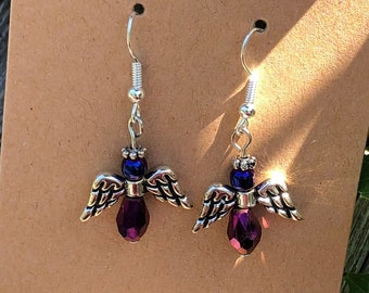 Pendientes de ala de ángel de cristal morado, colgantes plateados
