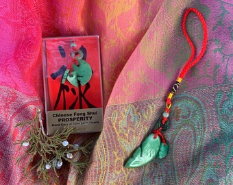 Hand Carved Jade Carp Charm, Chinese Feng Shui Prosperity Decor
