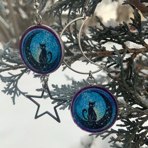 Handmade Lunar Kitty Celestial Dangle Drop Earrings
