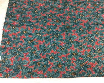 Tissu De Noël 100% Coton Motif Baies De Houx - Demi Mètre - Gris Ou Bleu - Largeur 46-59"
